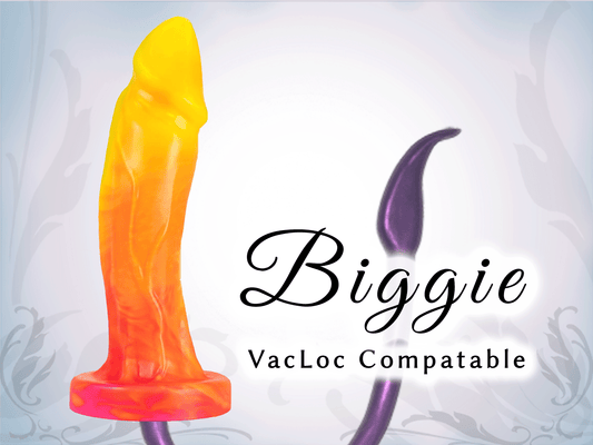 A giant penis dildo is attached to a Vac-U-Lock toy handle.