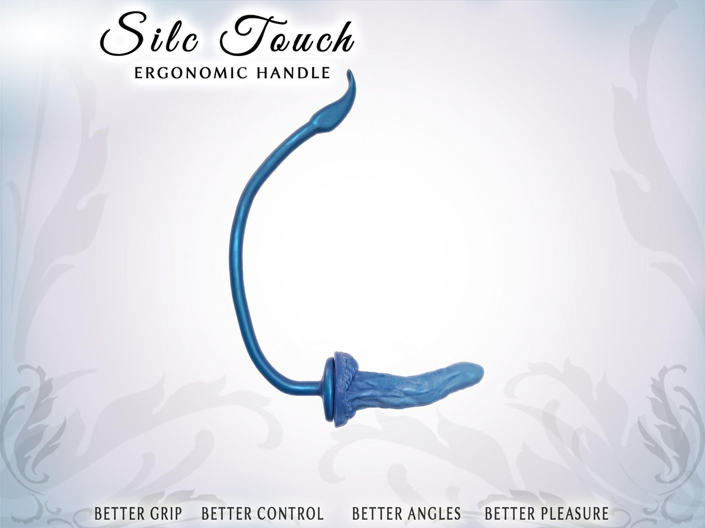 Pic shows a tall, vertical, C-shaped, elegantly curved handle with a dildo at the base, parallel to the handle grip. The base of the handle has a 2.75" wide platform for a suction cup dildo to attach. The handle is 3 times longer than the dildo. Top of pic says Silc Touch ergonomic handle. Bottom say Better grip, better control, better angles, better pleasure.