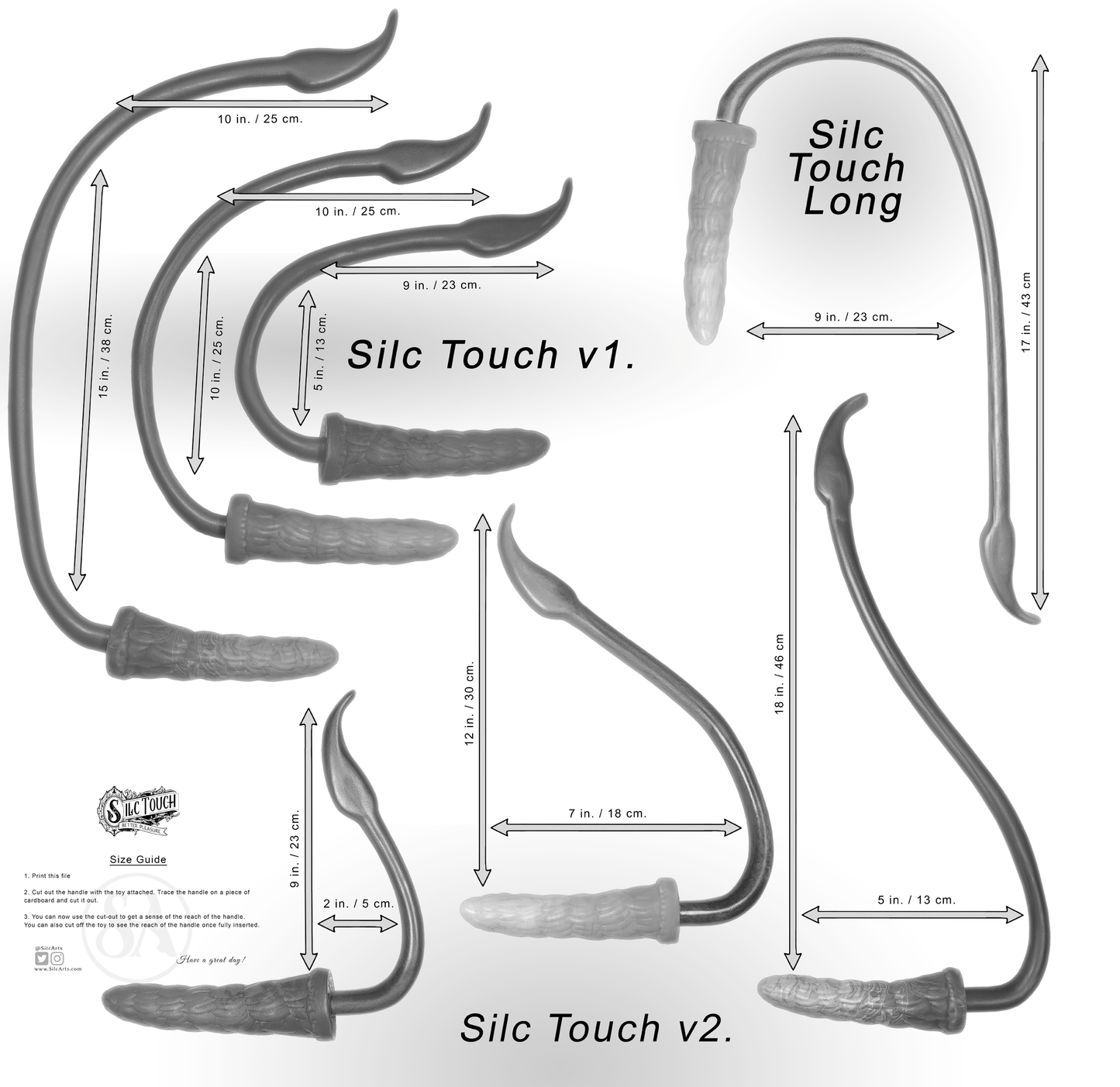pic shows all 3 sizes of v1, v2 and the long. V1 has a C shape, the dildo tip ends evenly with the end of the grip, and the dildo is parallel to the grip. V2 has a more vertical V shape with the dildo more perpendicular to the grip. Long has a C shape with a much longer grip that extends past the end of the dildo and the dildo is parallel to the grip.