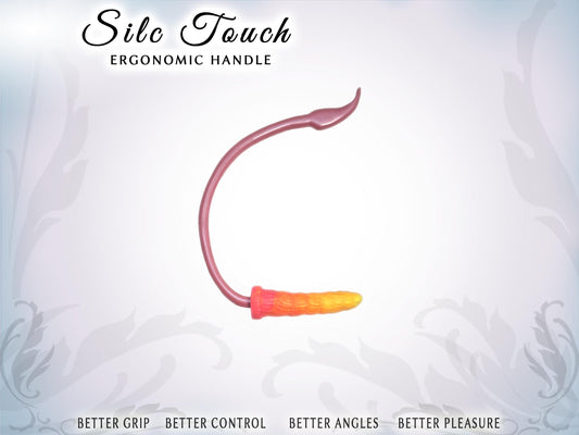 Pic shows a tall, vertical, C-shaped, elegantly curved handle with a dildo at the base, parallel to the grip. the end of the grip and the tip of the dildo are even.  Top of pic says Silc Touch ergonomic handle. Bottom say Better grip, better control, better angles, better pleasure.