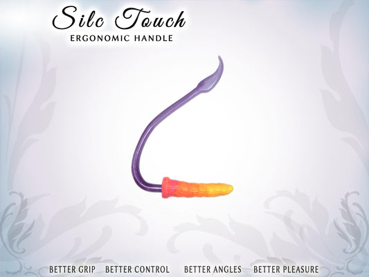 Pic shows a vertical, elegantly curved handle with a dildo at the base, perpendicular to the handle. The handle is twice as long as the dildo. The end of the grip is even with e tip of the dildo. Top of pic says Silc Touch ergonomic handle. Bottom say Better grip, better control, better angles, better pleasure.
