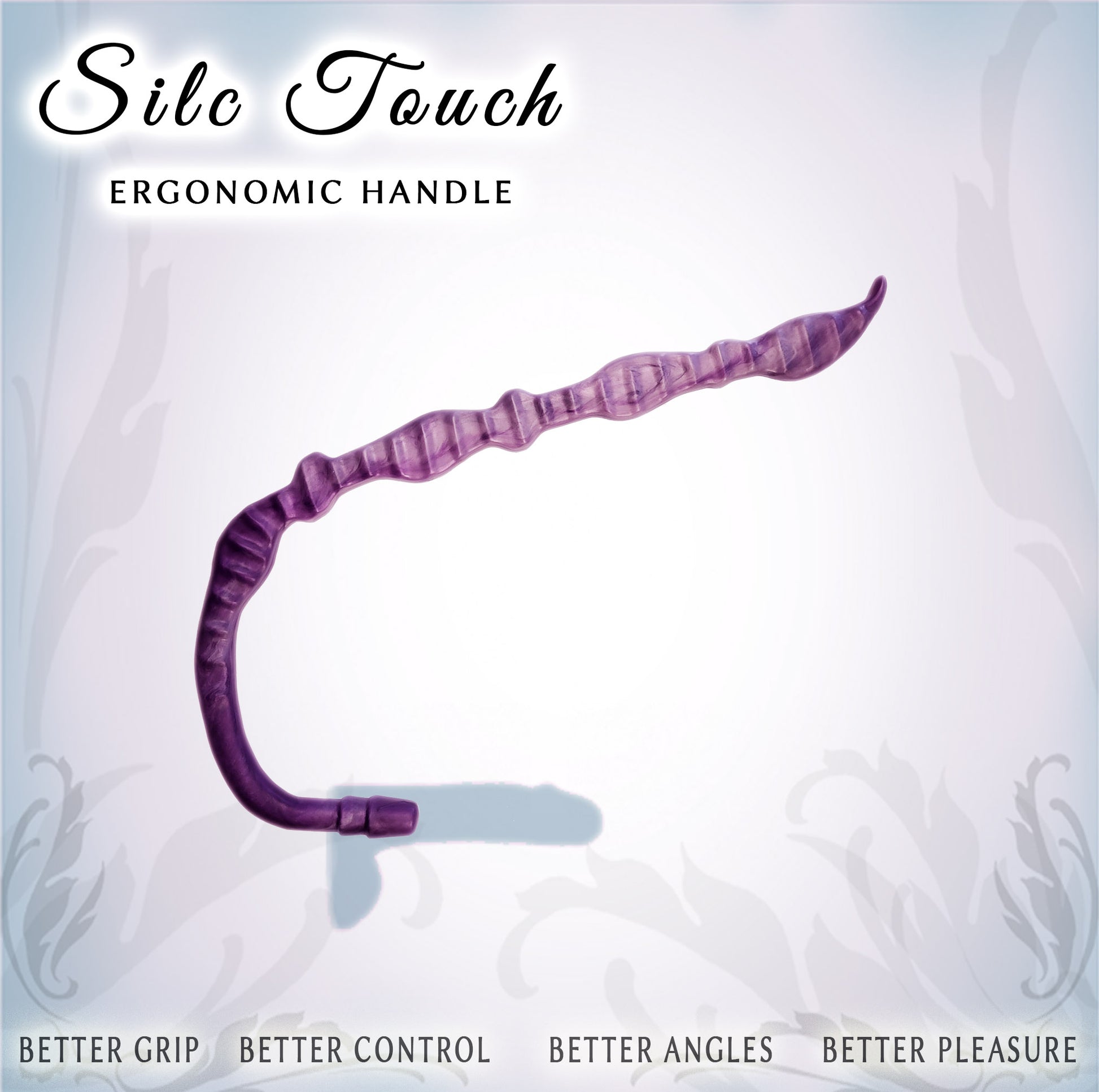 A curved purple ergonomic handle shown on a pale gray background with decorative text reading 'Silc Touch' and feature callouts along the bottom.