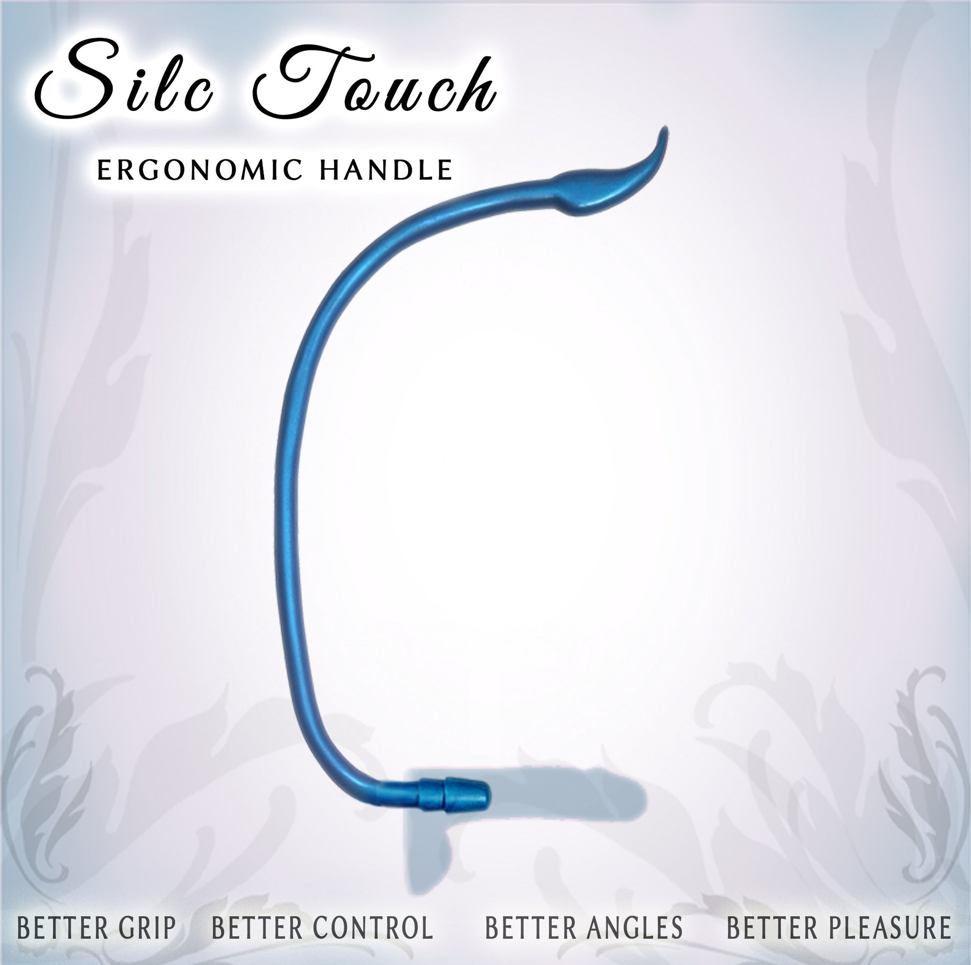 A curved blue ergonomic handle shown on a pale gray background with decorative text reading 'Silc Touch' and additional marketing copy along the bottom.