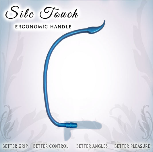 A curved blue ergonomic handle shown on a pale gray background with decorative text reading 'Silc Touch' and additional marketing copy along the bottom.