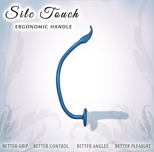 A curved blue ergonomic handle shown on a pale gray background with decorative text reading 'Silc Touch' and 'ERGONOMIC HANDLE' at the top, plus feature phrases along the bottom.
