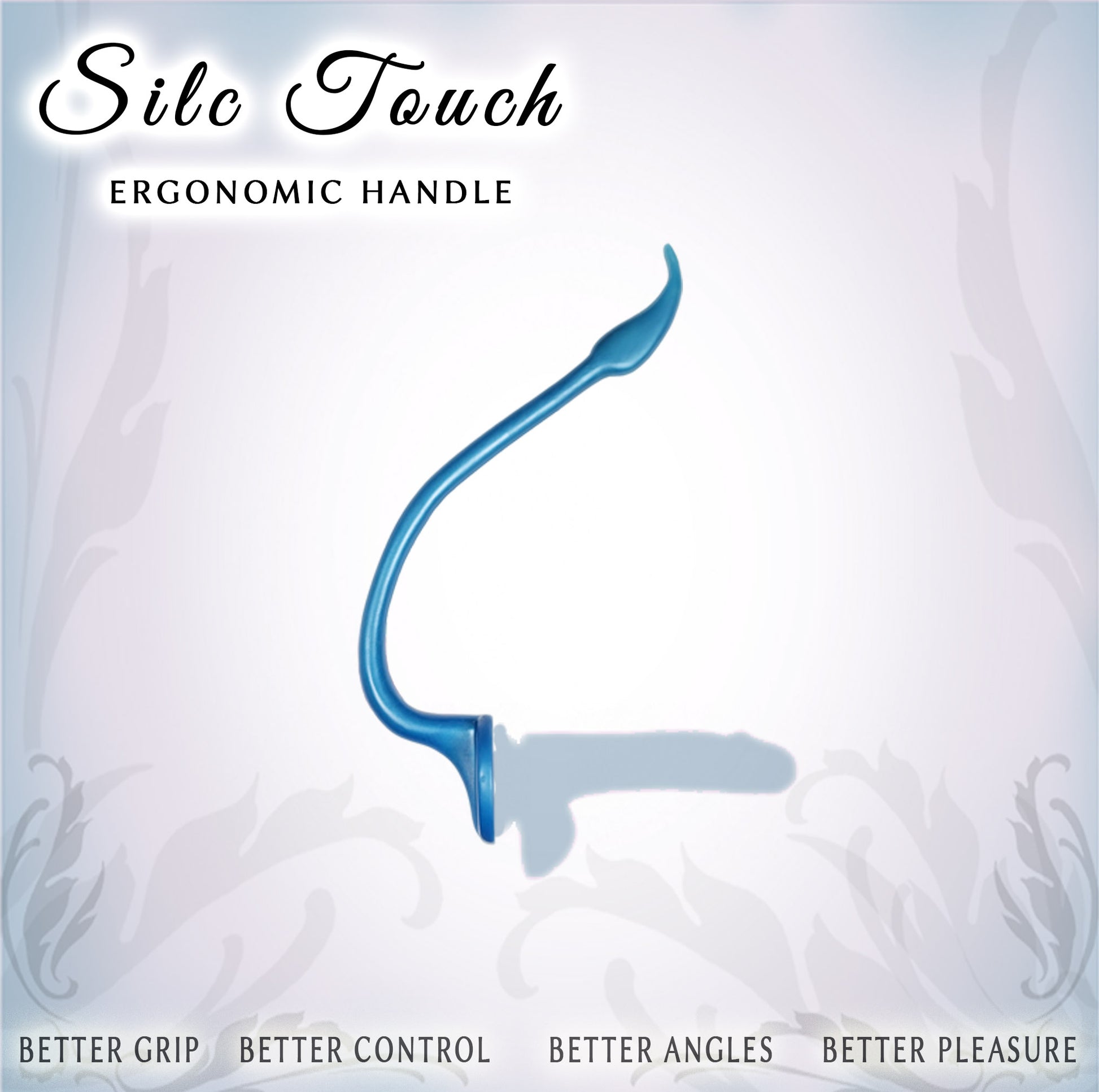 A blue ergonomic handle centered on a pale gray background with decorative gray floral motifs. Text at the top reads 'Silc Touch' and 'ERGONOMIC HANDLE,' with additional marketing text along the bottom.
