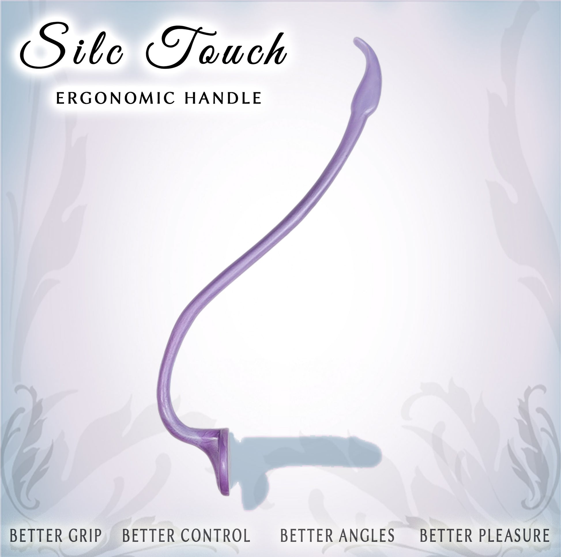 A curved purple ergonomic handle shown on a pale blue and white background with decorative text reading 'Silc Touch' and additional marketing copy along the bottom.