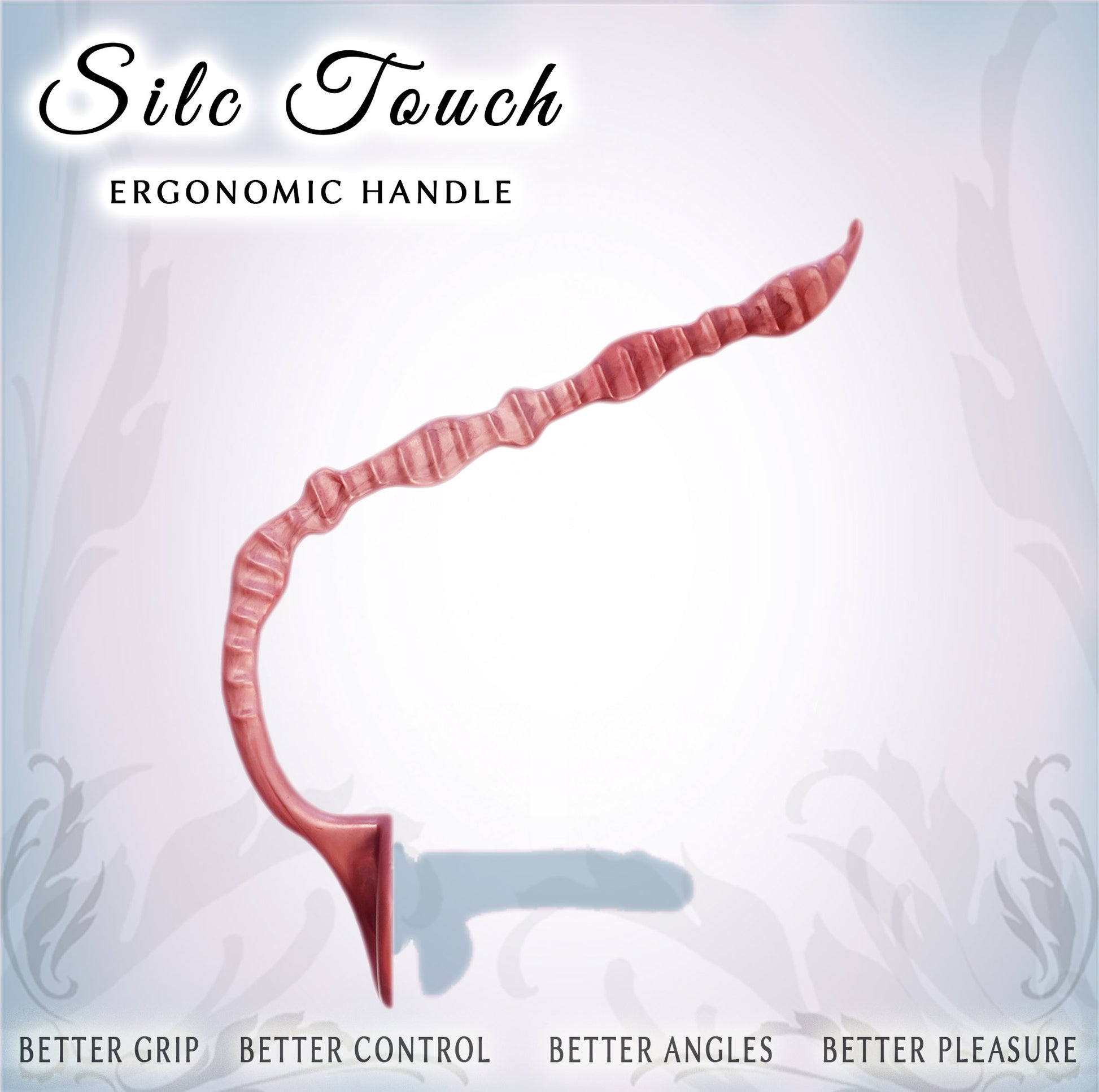 An ergonomic sex toy handle shown on a pale blue and white background with decorative text reading 'Silc Touch' and additional marketing phrases along the bottom.