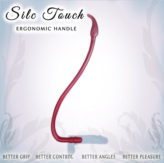 A curved ergonomic handle in red, shown against a pale gray and white background with decorative text reading 'Silc Touch' and 'ERGONOMIC HANDLE' at the top, and marketing phrases along the bottom.