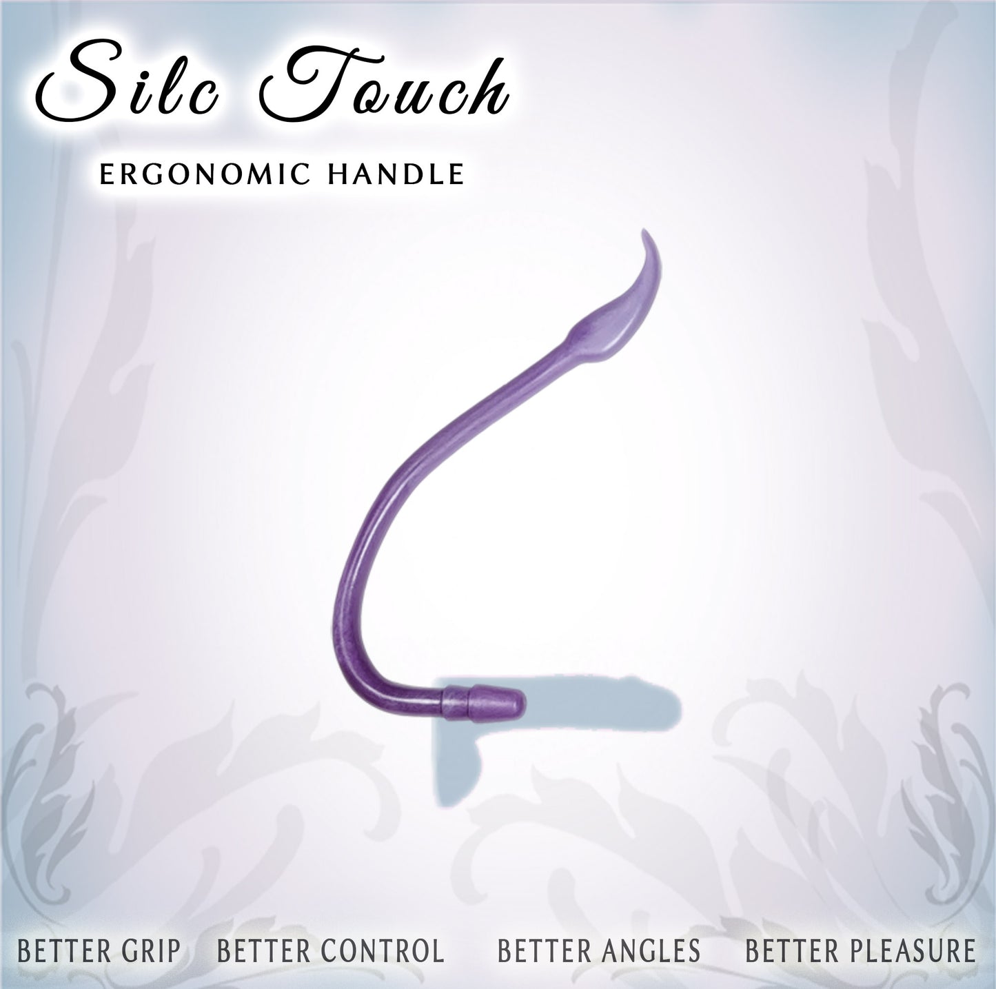 Purple ergonomic handle  shown against a light lavender background with decorative text overlays reading 'Silc Touch' and 'ERGONOMIC HANDLE'.