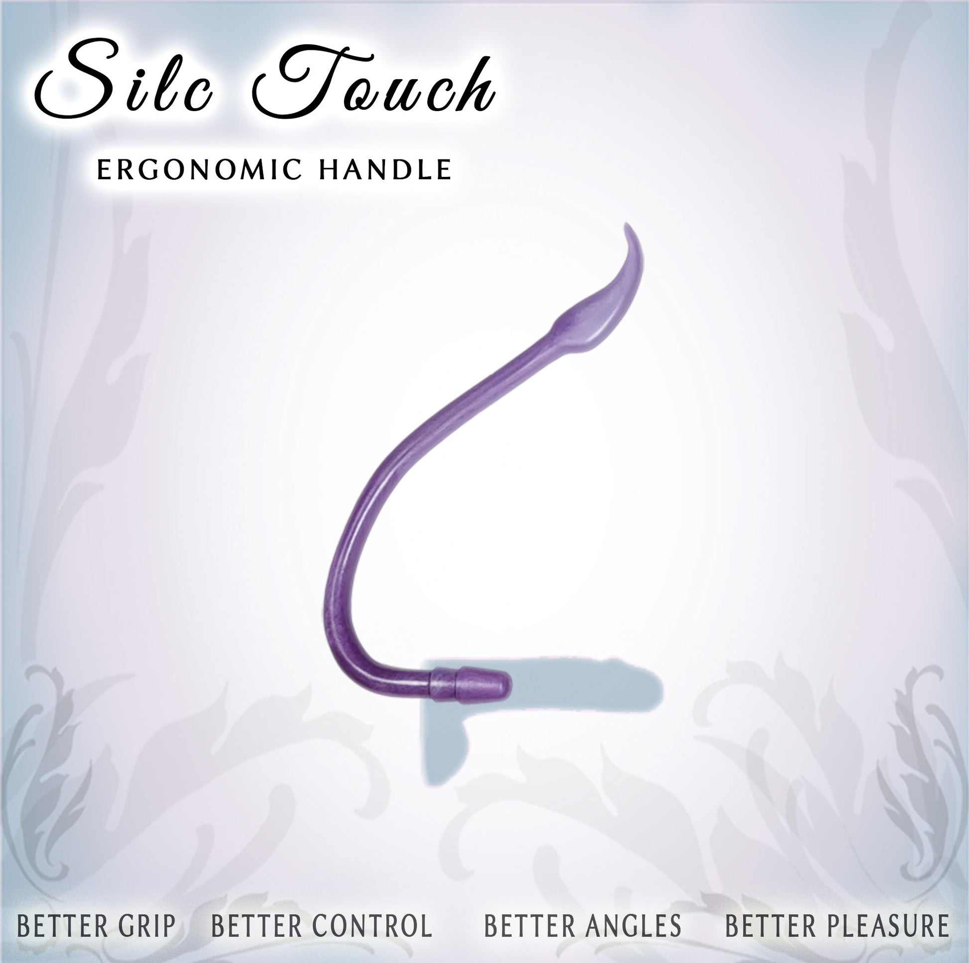 Purple ergonomic handle  shown against a light lavender background with decorative text overlays reading 'Silc Touch' and 'ERGONOMIC HANDLE'.