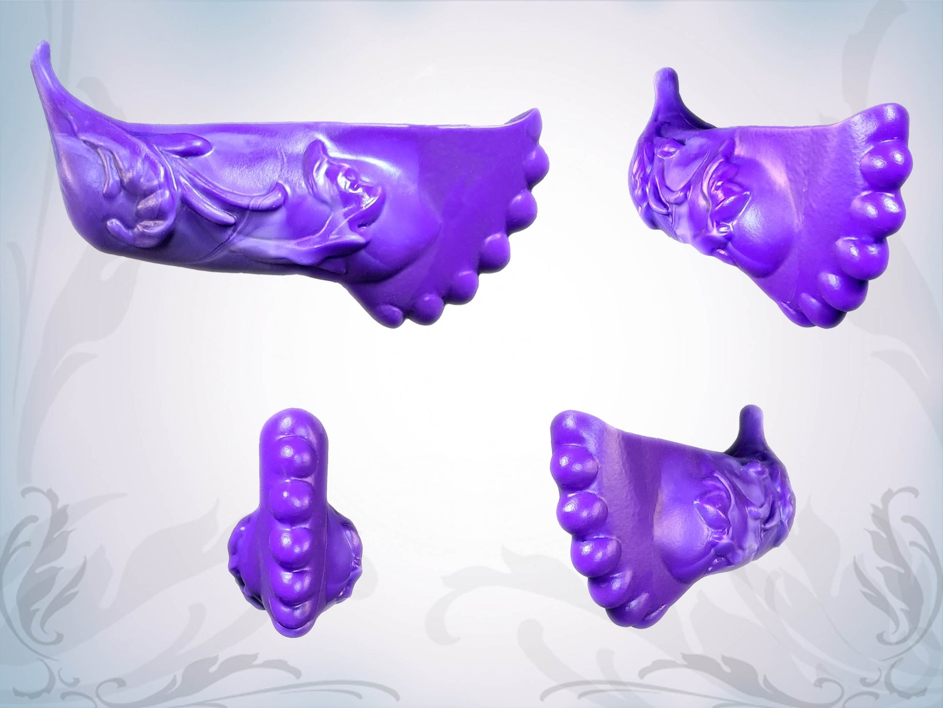 4 angles of  purple silicone vibe holder with a decorative design, compatible with Vac-u-Lock systems, shown with a blue handle inserted.