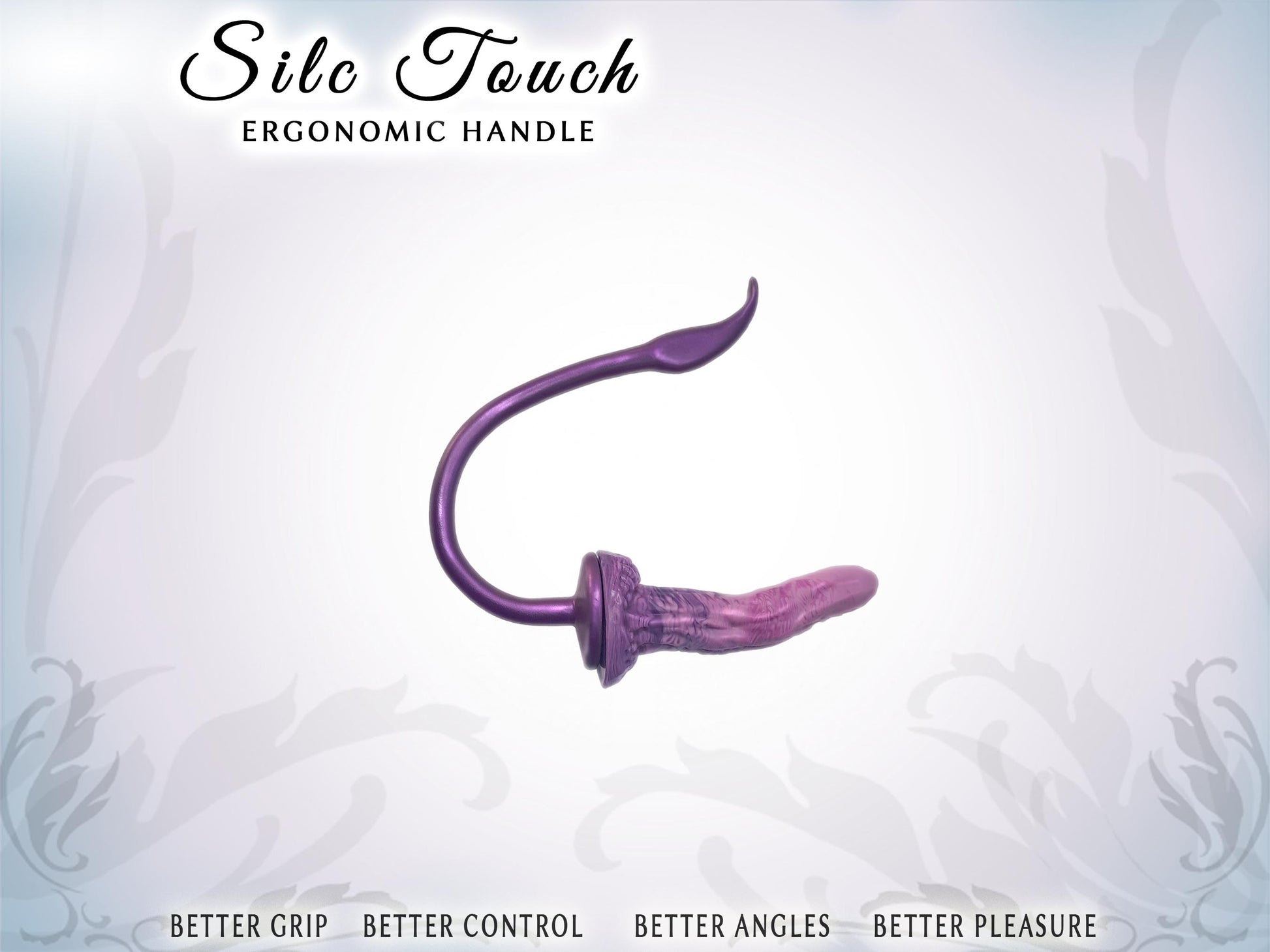 Pic shows a horizontal, C-shaped elegantly curved handle with a dildo at the base, parallel  to the handle grip. The dildo is longer than the handle grip. The base of the handle has a 2.75" wide platform for a suction cup dildo to attach. Top of pic says Silc Touch ergonomic handle. Bottom say Better grip, better control, better angles, better pleasure.