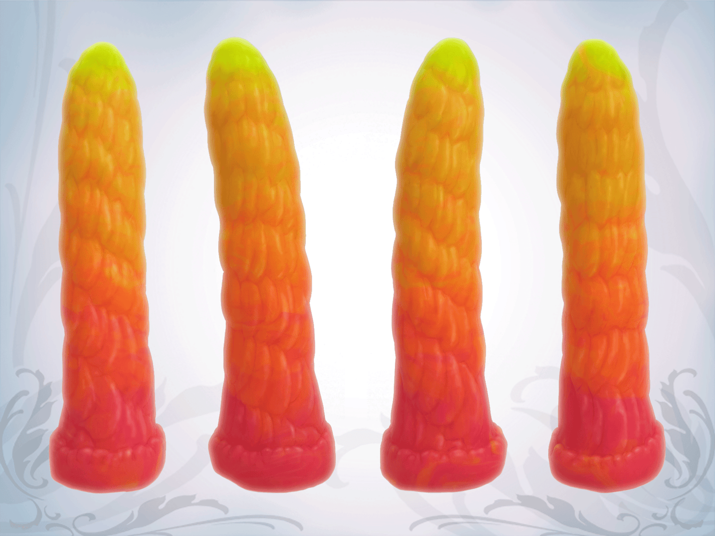4 ANGLES OF  a vibrant and imaginative unicorn-themed dildo, designed to appeal to those who appreciate whimsical and unique aesthetics. The product is crafted from high-quality, platinum silicone, highlighting its hypoallergenic and body-safe attributes.