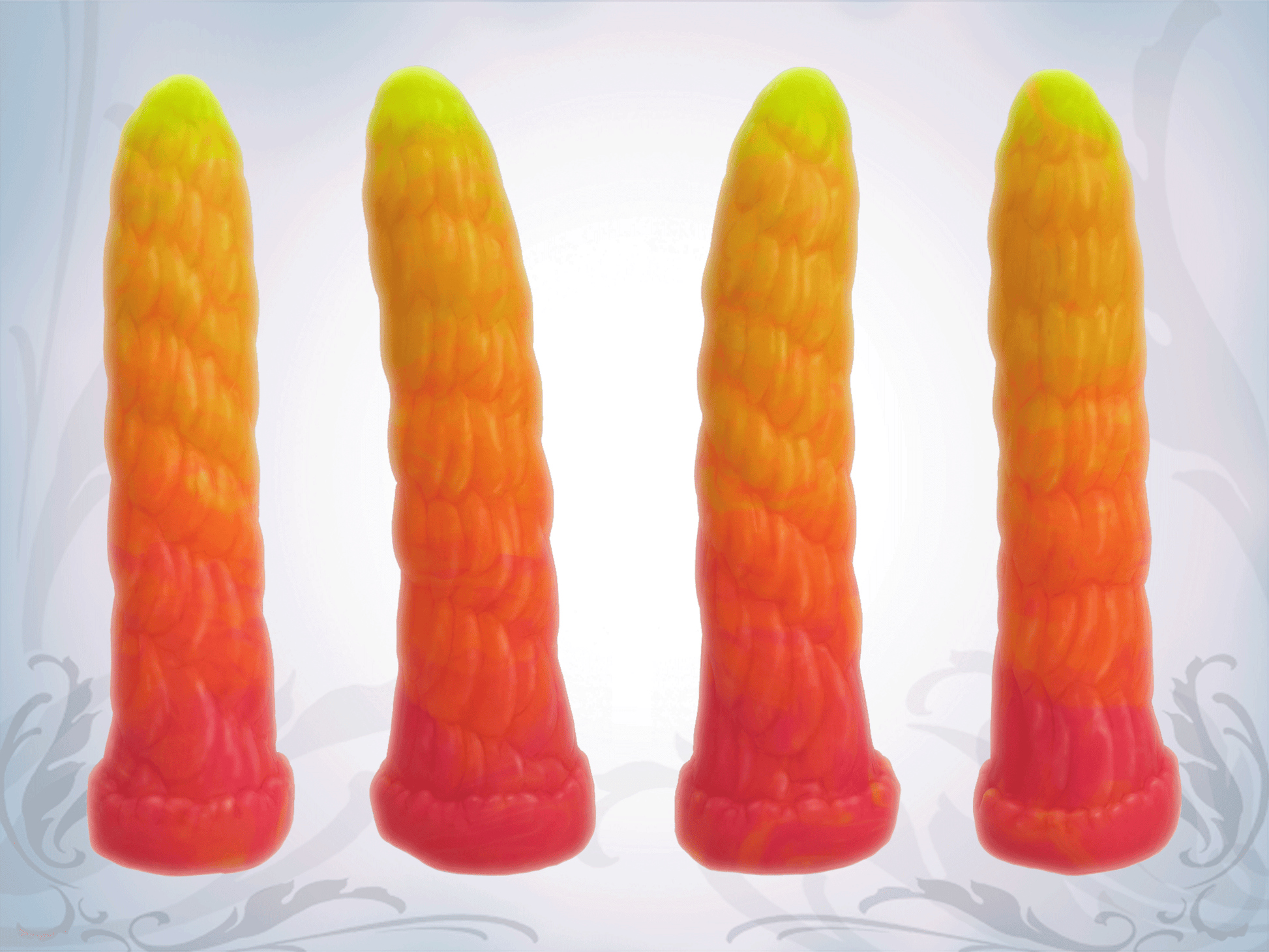 4 ANGLES OF  a vibrant and imaginative unicorn-themed dildo, designed to appeal to those who appreciate whimsical and unique aesthetics. The product is crafted from high-quality, platinum silicone, highlighting its hypoallergenic and body-safe attributes.